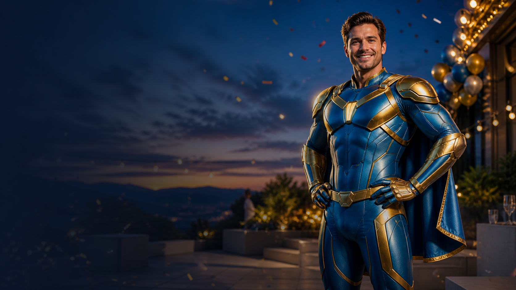 Personagem original de super-herói em uma celebração de aniversário